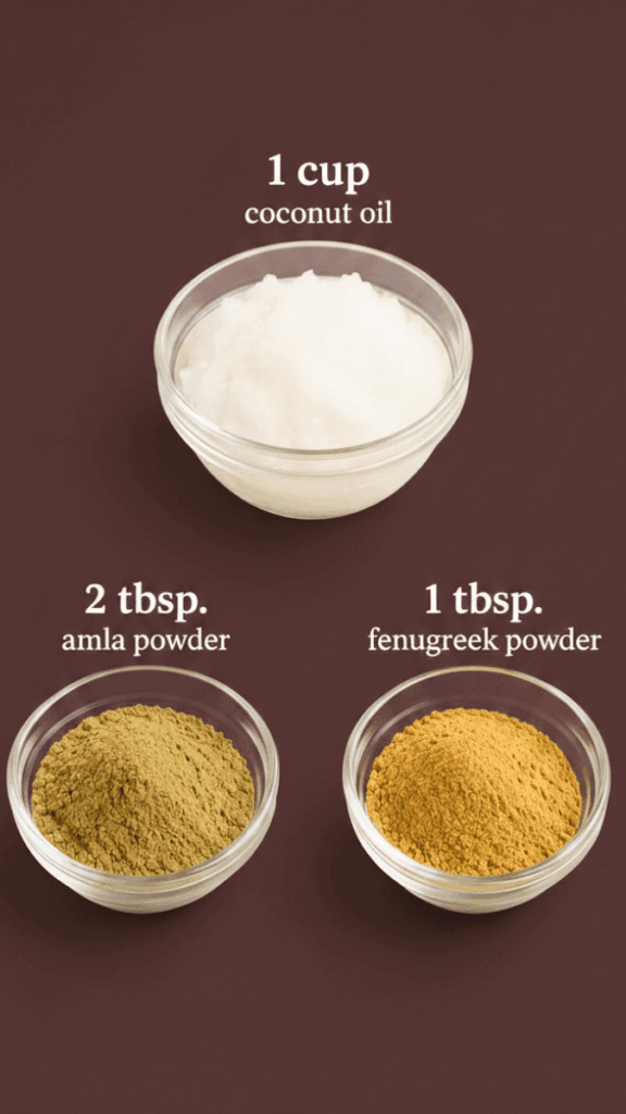 Image of the ingredients needed to make a DIY amla hair oil, including coconut oil, amla powder, and fenugreek powder.