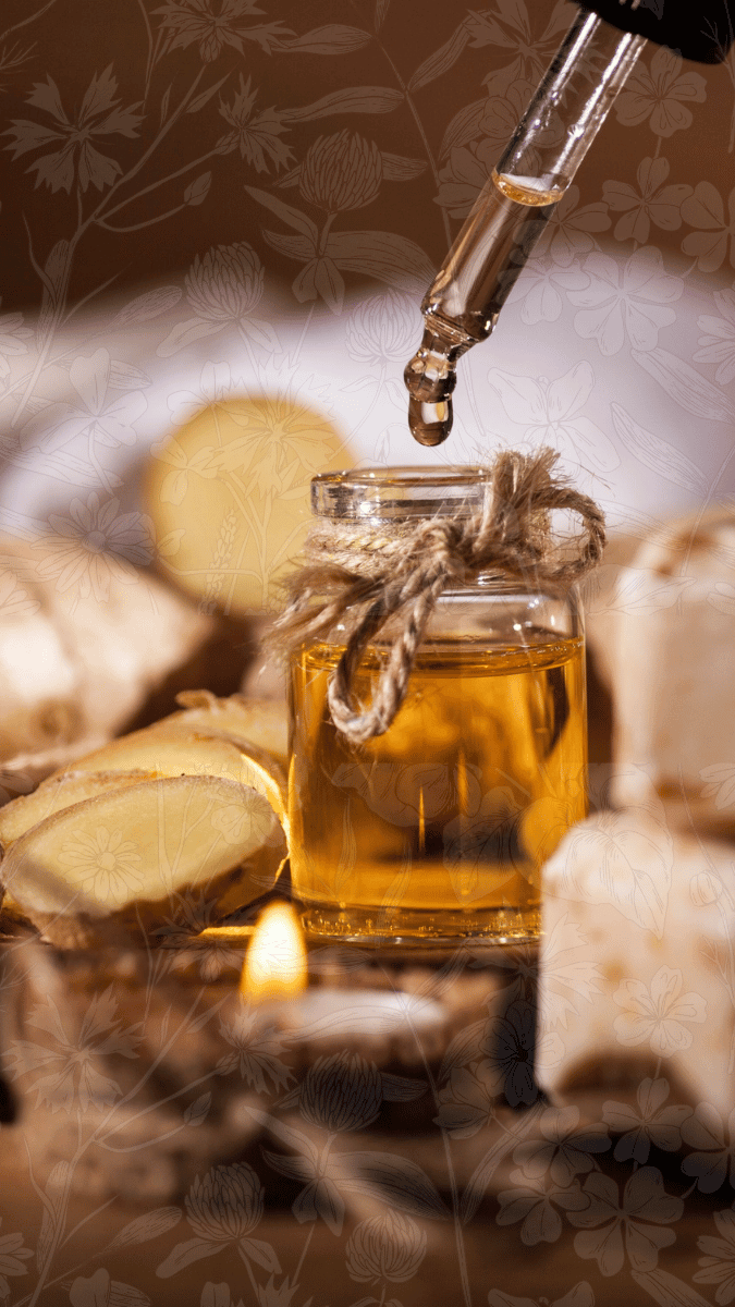 Image of herbal hair oil being dispensed from a dropper bottle before a relaxing scalp massage