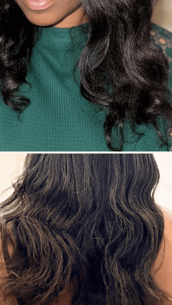 Image comparing two close-up views of long fine natural hair showing healthy texture and shine.