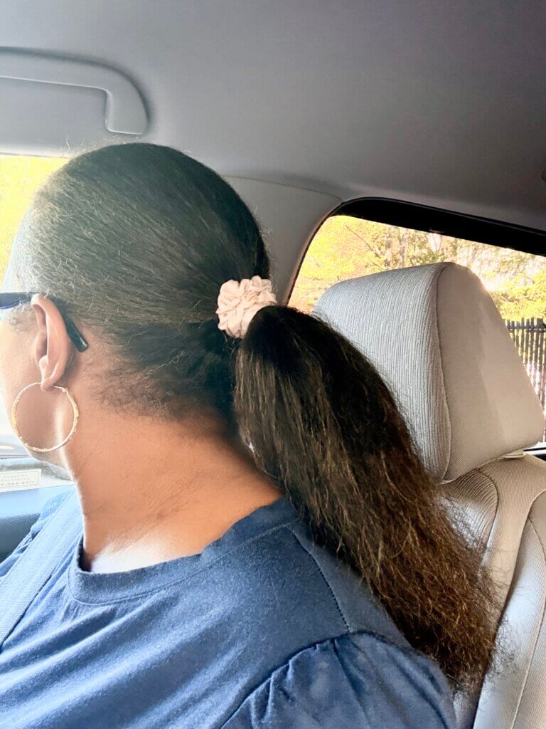 the back view of straightened natural hair in a ponytail