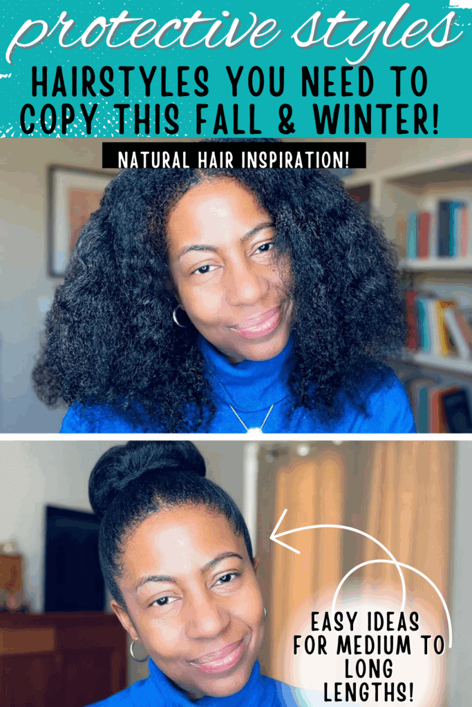 Side by side image of a woman with natural hair shown loose and styled in a bun, highlighting winter protective styles that are easy and stylish for medium to long lengths.
