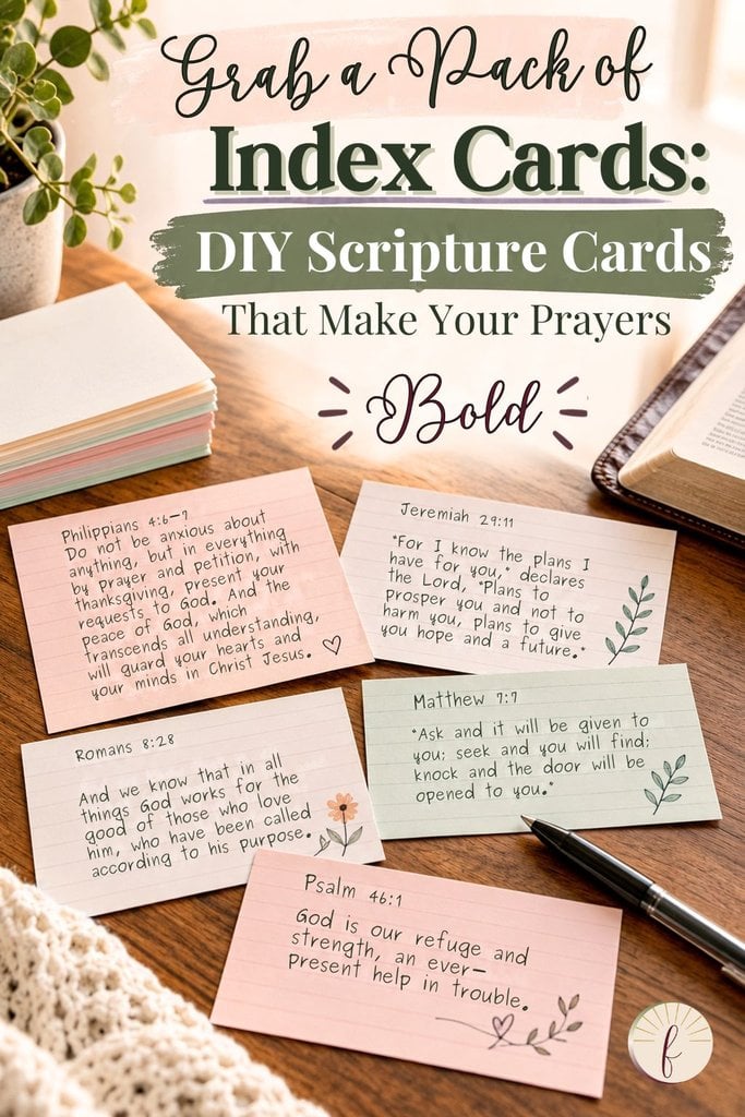 Handwritten index cards with Bible verses spread beside a pen, made as diy scripture cards