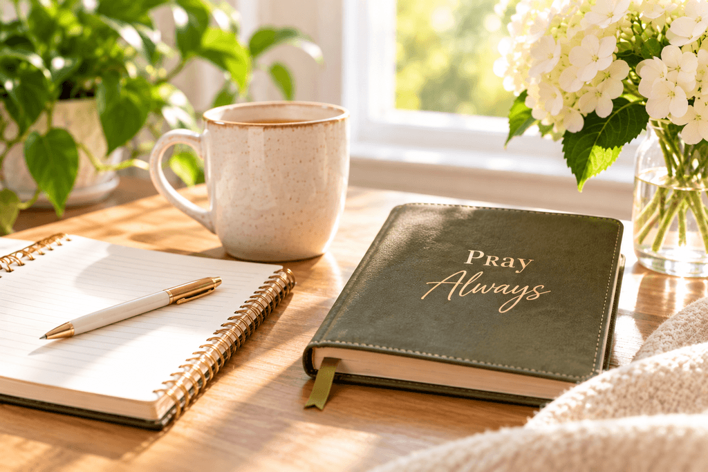 scene by a window with a journal entitled pray always, a vase of flowers, cup of coffee, notebook and a pen