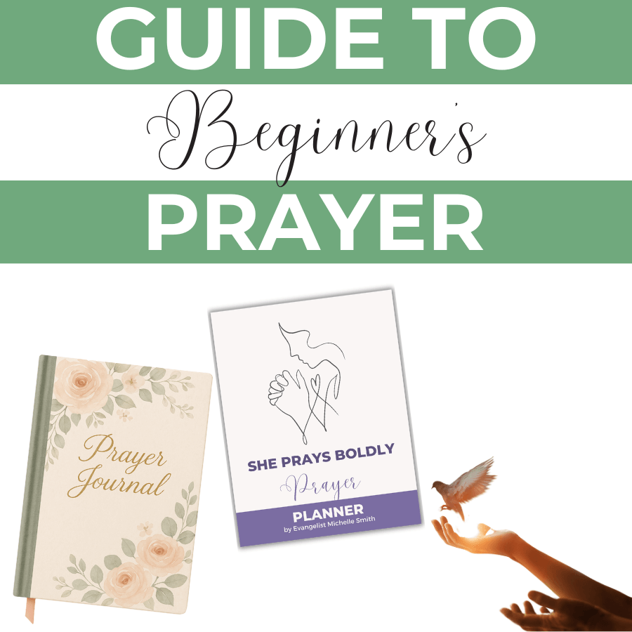 guide to beginners pray written over images of a printable and a physical prayer guide