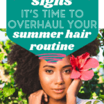 woman with natural hair, a flower in her hair and a summer background promoting summer hair care tips