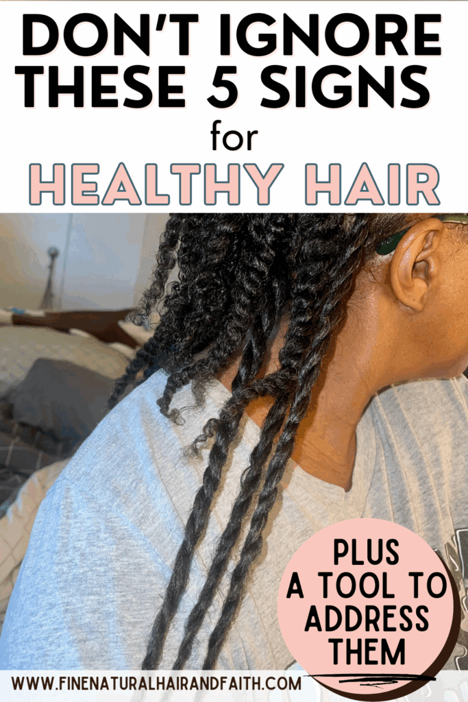 An individual with twisted hair is shown in a close-up, alongside text about signs for healthy hair and tips for hair care.