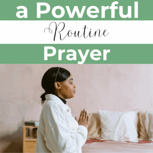 a power prayer routine written over an image of a woman kneeling and praying over a bed