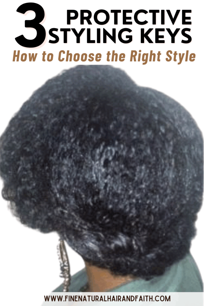 A close-up view of natural hair styled in a protective hairstyle, with text overlayed that reads "3 Protective Styling Keys: How to Choose the Right Style."
