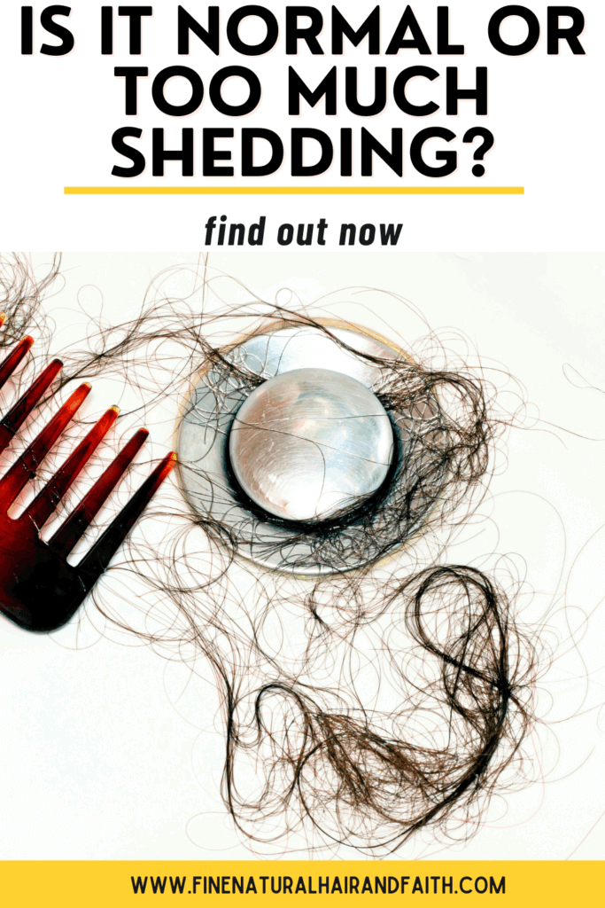 A hair comb, a circular metallic object, and loose hair strands are arranged on a surface, accompanied by the text "Is it normal or too much shedding?" and a prompt to find out more about healthy hair tips.