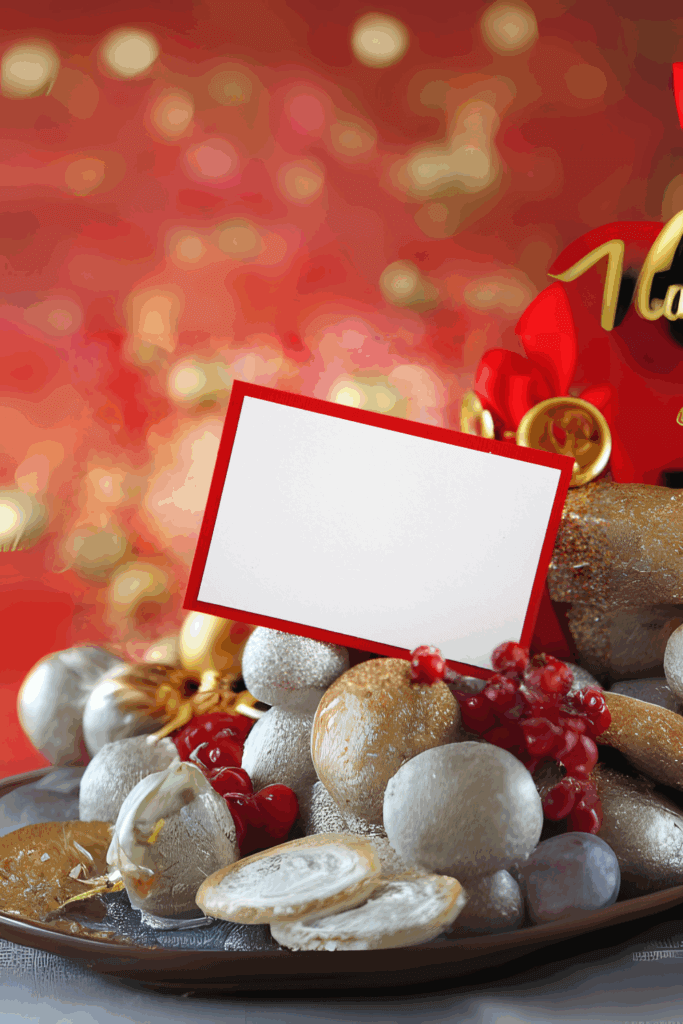 A festive holiday setting with glittering ornaments, golden decor, and red berries, featuring a blank white card bordered in red for a personalized Christmas message.