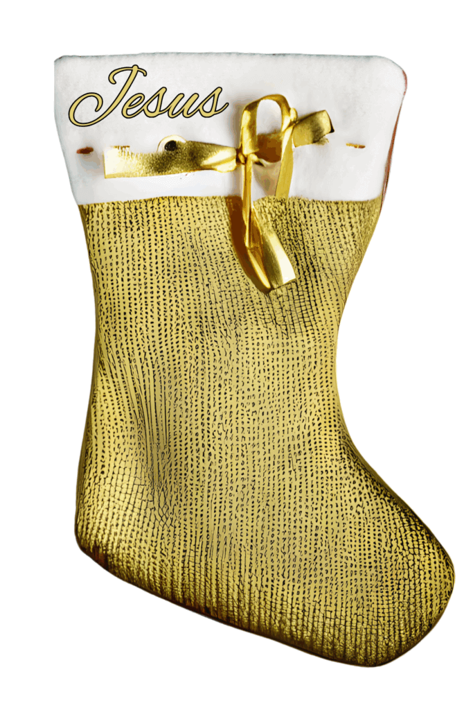 A luxurious gold and white Christmas stocking embroidered with the name “Jesus” and topped with a golden ribbon, perfect for Christ-centered holiday decor.