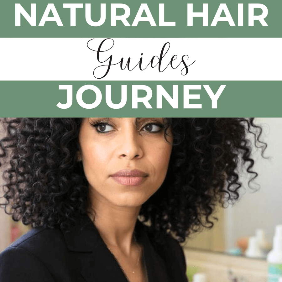 Woman with defined curly natural hair looking off to the side, with a green overlay that reads "Natural Hair Journey Guides"