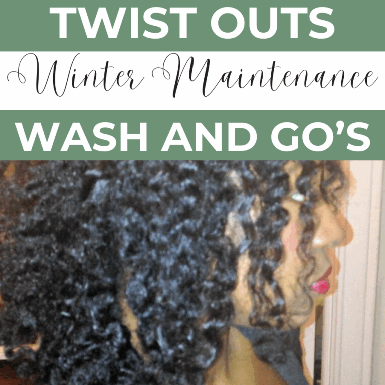 Close-up of a Black woman with defined, shiny twist-out curls wearing a scarf, accompanied by bold text that reads “Twist Outs,” “Winter Maintenance,” and “Wash and Go’s” in a green and white color block design.