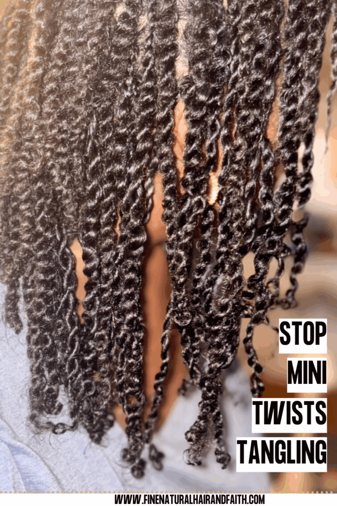 Close up of long mini twists on natural hair showing how they can start tangling, with text on the image reading “Stop Mini Twists Tangling,” highlighting the need for proper mini twists maintenance.