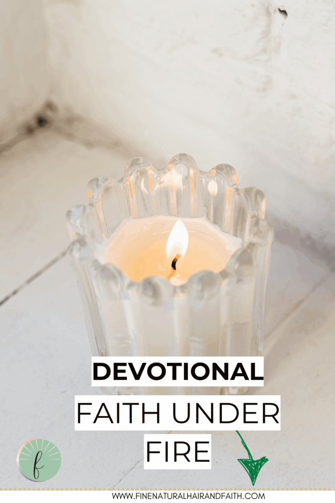 Lit candle in a glass holder symbolizing spiritual refinement and peace, representing the faith under fire devotional for women about being refined by Godโs grace and finding strength through trials.