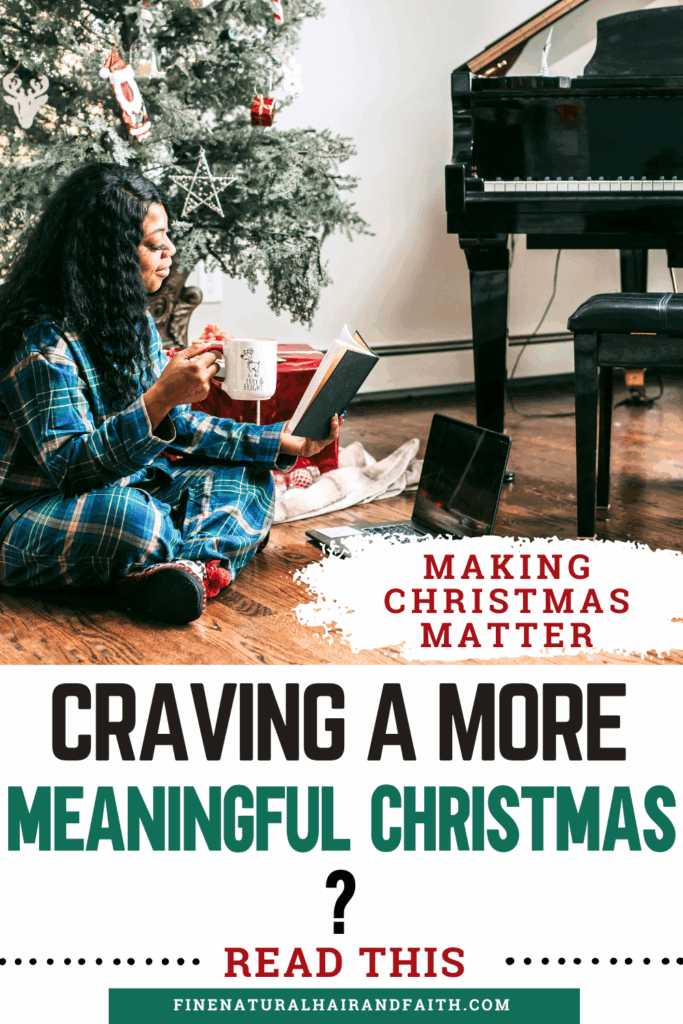 A woman in plaid pajamas sits by a Christmas tree with a mug and Bible, taking time to read and pray — a peaceful reminder of what a Faith filled Christmas truly looks like.