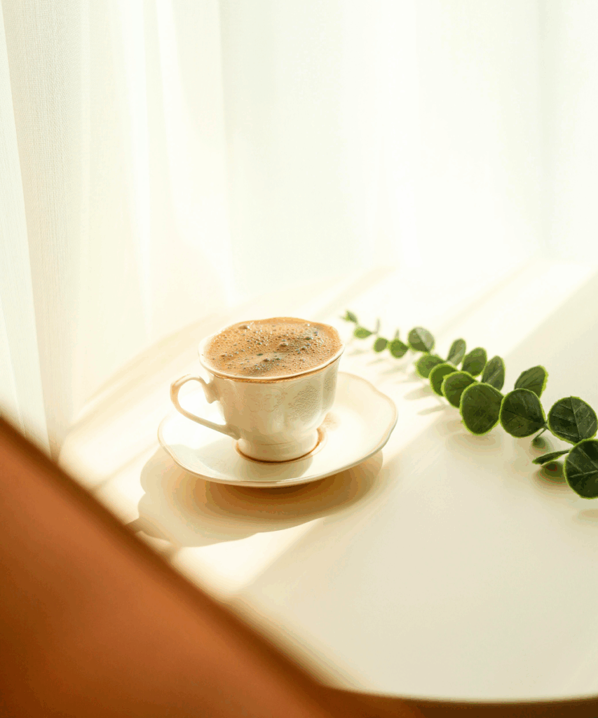 morning scene with a cup of coffee in from of a window next to a plant