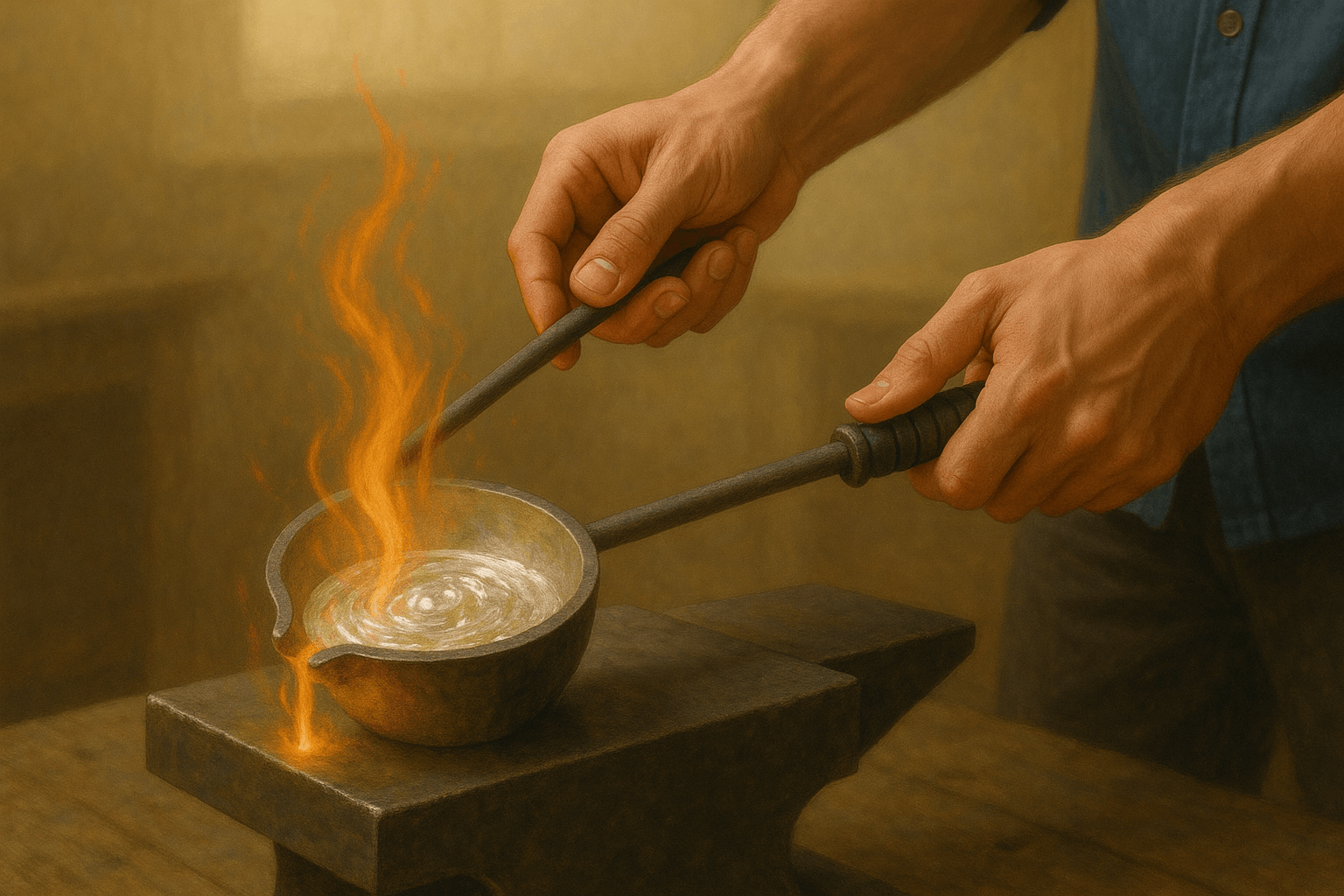 hands of a silversmith refining silver in fire