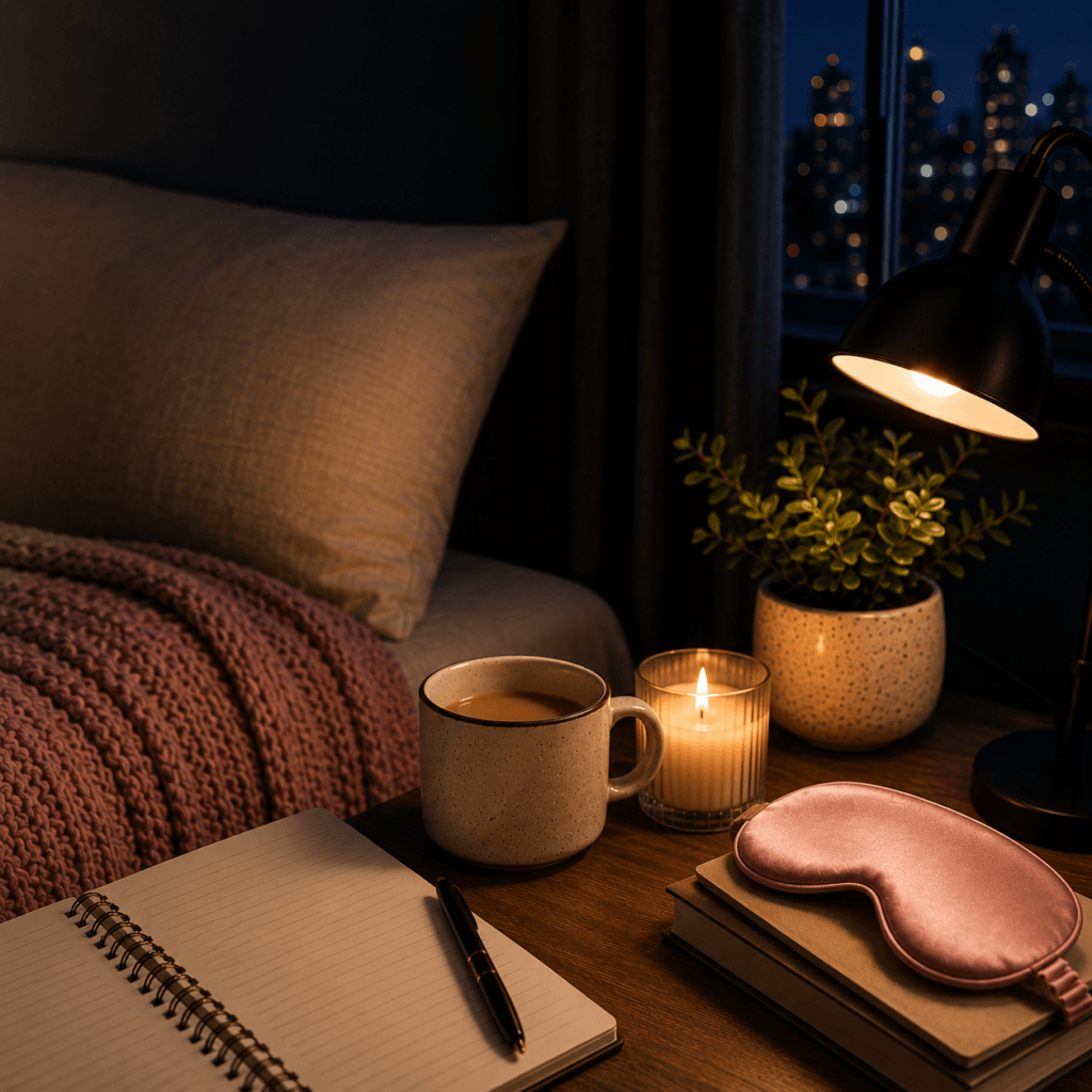 evening bedroom scene with a hot drink, candle, notebook and eye mask