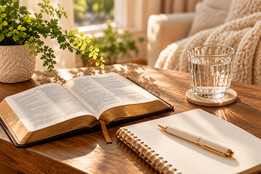 An open Bible, spiral journal, and pen arranged on a wooden table beside a glass of water, with warm sunlight creating a peaceful setting for Bible reading and scripture writing.