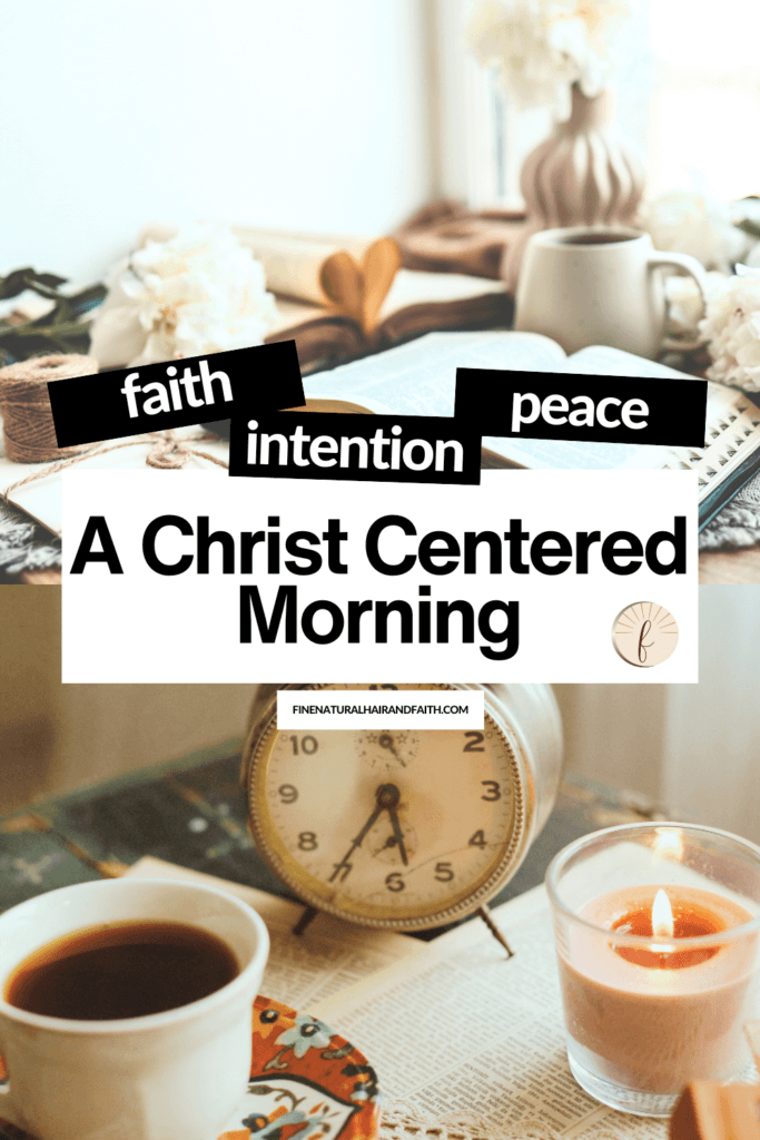 An open Bible on a table beside a cup of coffee, a candle, and an alarm clock, creating a calm morning scene focused on faith and reflection