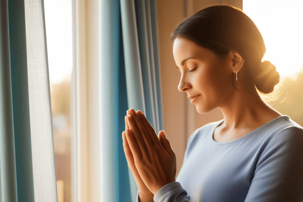 woman praying in front of a window