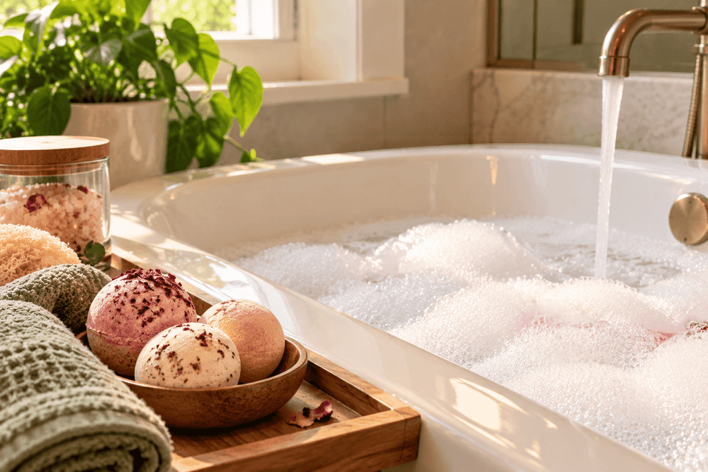 cozy self care bath with bath bombs