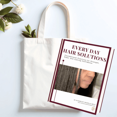 cover of the guide every day hair solutions in front of a canvas bag