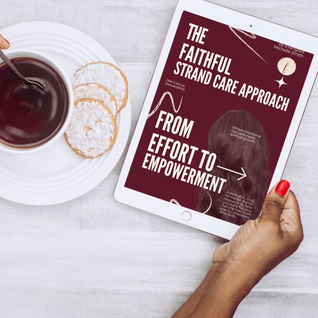 mockup of the faithful strand care lifestyle guide on an ipad next to a cup of coffe with cookies