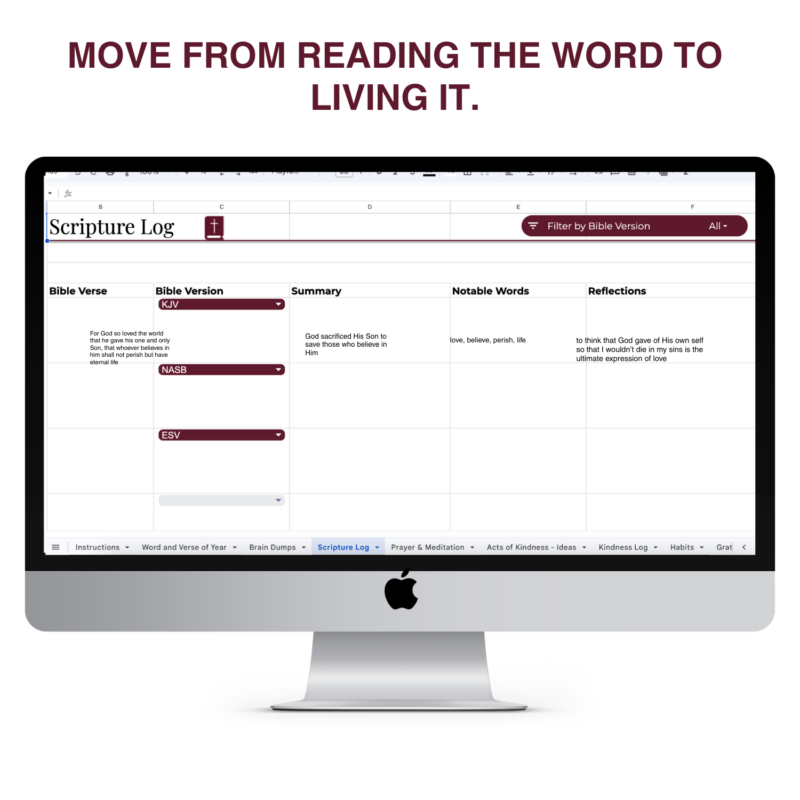 Scripture Log tab inside the Intentional Living Dashboard with Bible verse tracking, summaries, notable words, and reflections.