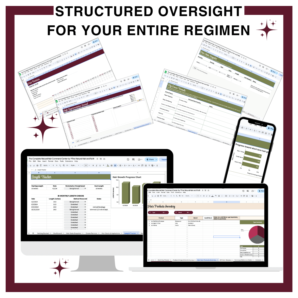The Natural Hair Care Dashboard Google Sheets mockup displaying multiple tabs for tracking routines, goals, wash day planning, and product inventory