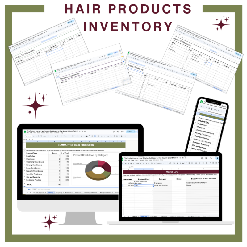 screenshots of spreadsheet tabs from the hair products inventory dashboard