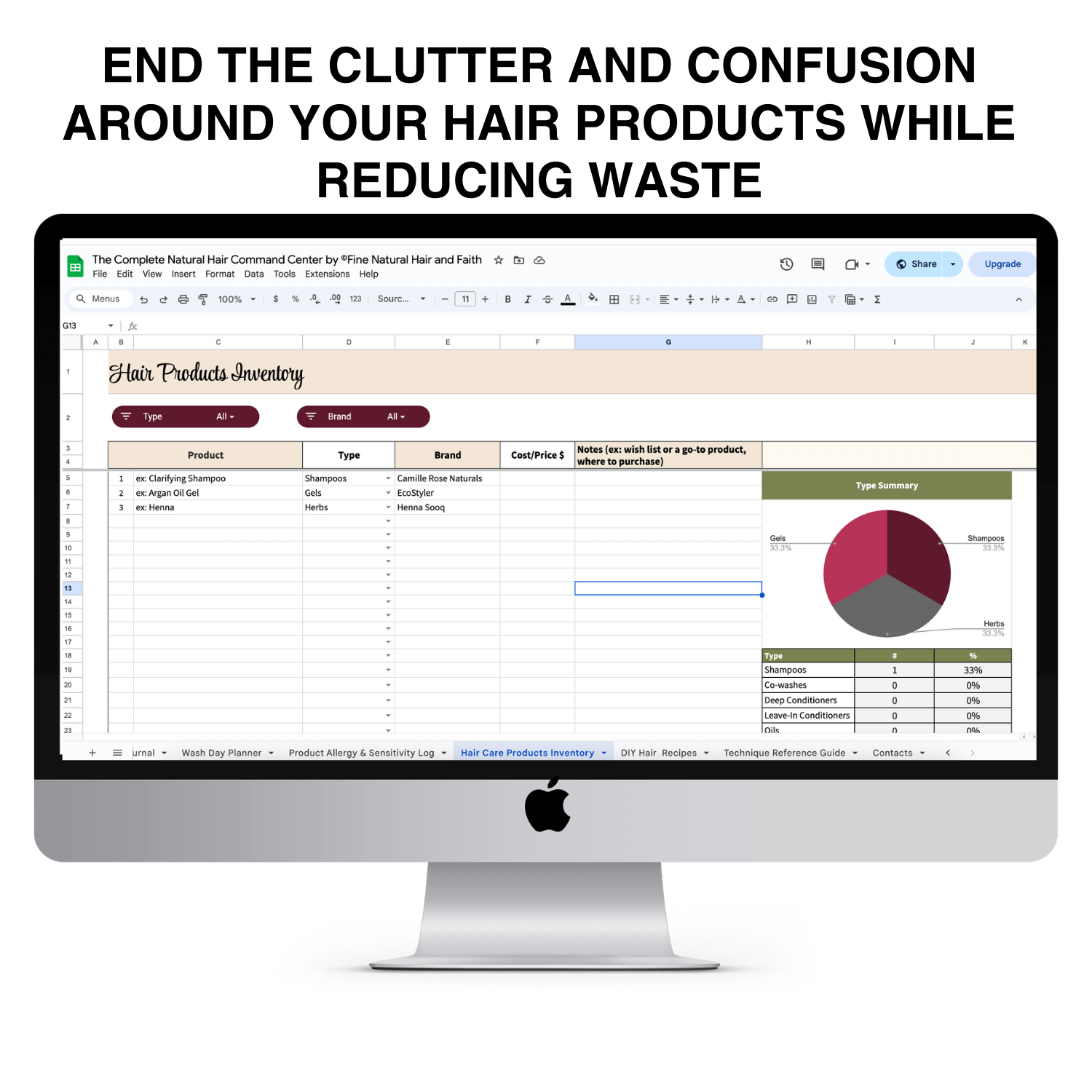 Natural hair product inventory tracker inside The Natural Hair Care Dashboard showing organized product categories and waste reduction system