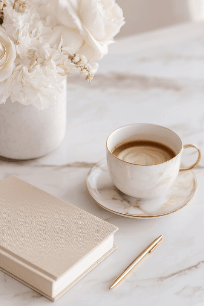 a journal with a vase of flowers, a gold pen and cup of coffee on a marble table