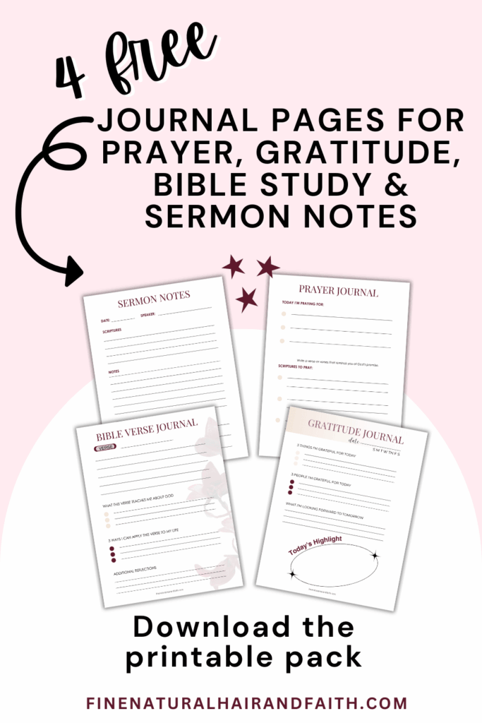 mockup of Printable Christian journal pages for prayer journaling, gratitude journaling, Bible study, and sermon notes.