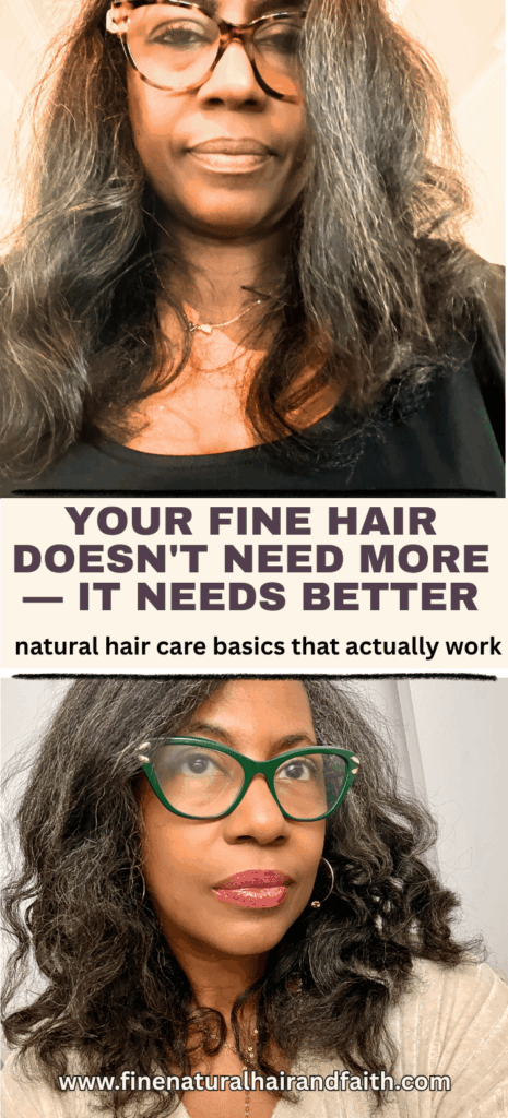 Woman with long wavy graying fine natural hair showing a before and after of her simple hair care routine results