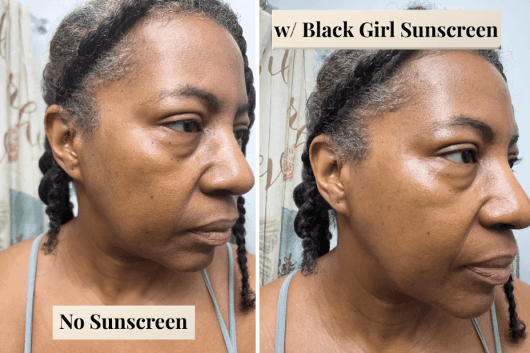 before and after image of a black woman with black girls sunscreen kids spf 50 not on and then on