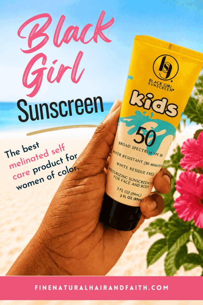 black hand holding a bottle of black girl sunscreen with a caption calling it the best melinated self care product for women of color