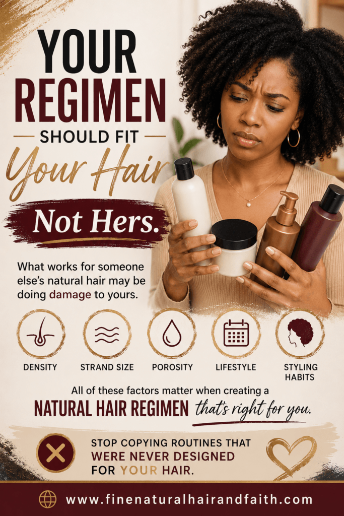 Natural hair regimen pin featuring a woman holding hair products with text about building a personalized routine based on density, porosity, strand size, and lifestyle for healthy natural hair growth.