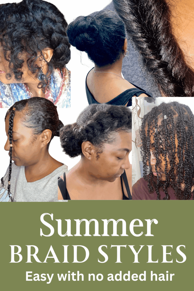 collage of summer braid styles for fine natural hair with no added hair including boho braids, a braided bun updo, fishtail braid, front braids with a low bun, crown braid with a side bun, and small braids with hair clamps on black hair.
