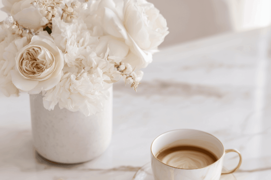 white vase of flowers and a cup of coffee set up for spiritual journaling