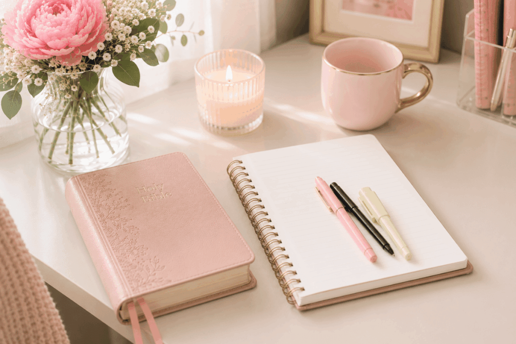 faith journaling and bible study desk station with a pink bible, flowers, cup of coffee, pens, highlighter and journal
