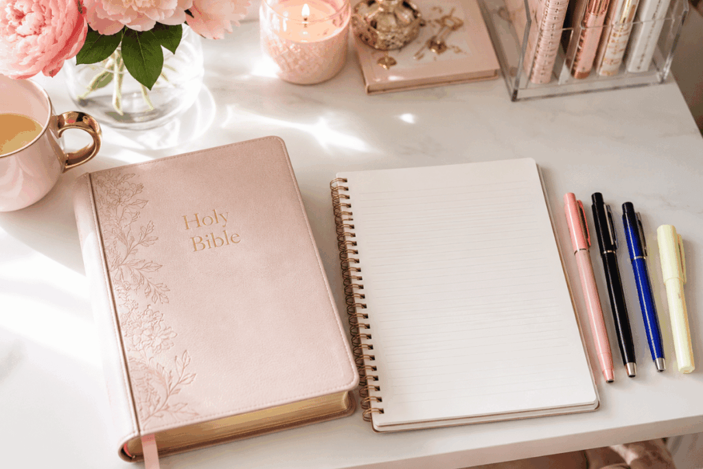 pink desk items on a feminine desk with bible study set up