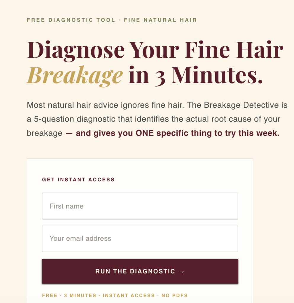 Sign up form to run a free diagnostic tool to understand hair breakage on natural hair