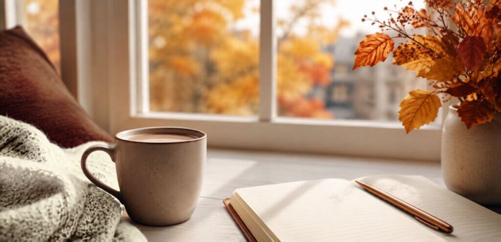 journal and pen next to coffee and a vase of fall leaves by a window with fall scenery