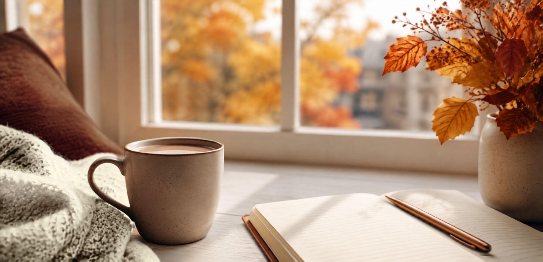 Open journal and copper pen on a windowsill beside a mug of coffee, knit blanket, and vase of orange autumn leaves, with golden fall foliage visible through the window — a peaceful spot for fall journaling and reflection.