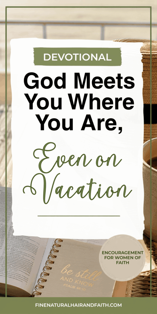 An open Bible and a journal reading be still and know beside a straw bag and a coffee cup for a devotional about God being with you while traveling.