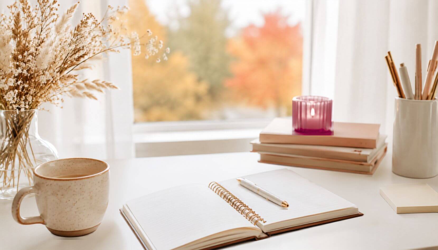 Open journal with gold spiral binding and a white pen on a bright desk, next to a speckled cream mug, dried fall florals, stacked books with a pink candle, and a window showing autumn trees — a cozy setup for fall self care journaling.