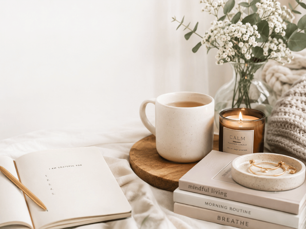 cozy self care setting with a vase of baby's breath, a candle, journal and sweater