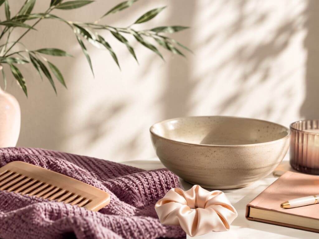 Wide-tooth comb, hair towel and journal arranged in a peaceful self-care lifestyle setting with warm natural light.